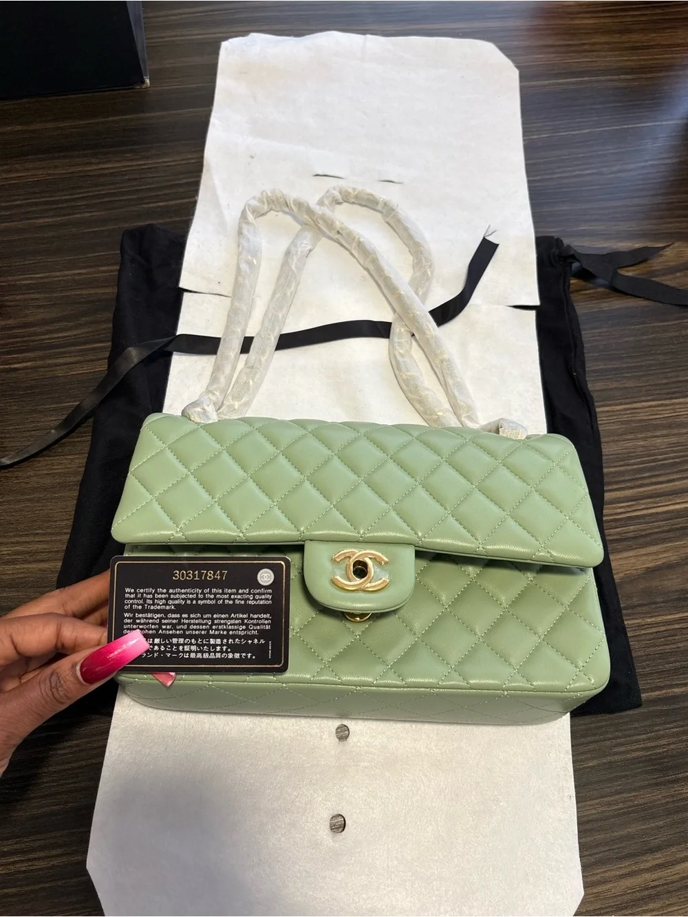 CHANEL Quilted Flap Shoulder Bag in Sage Green with Gold Hardware